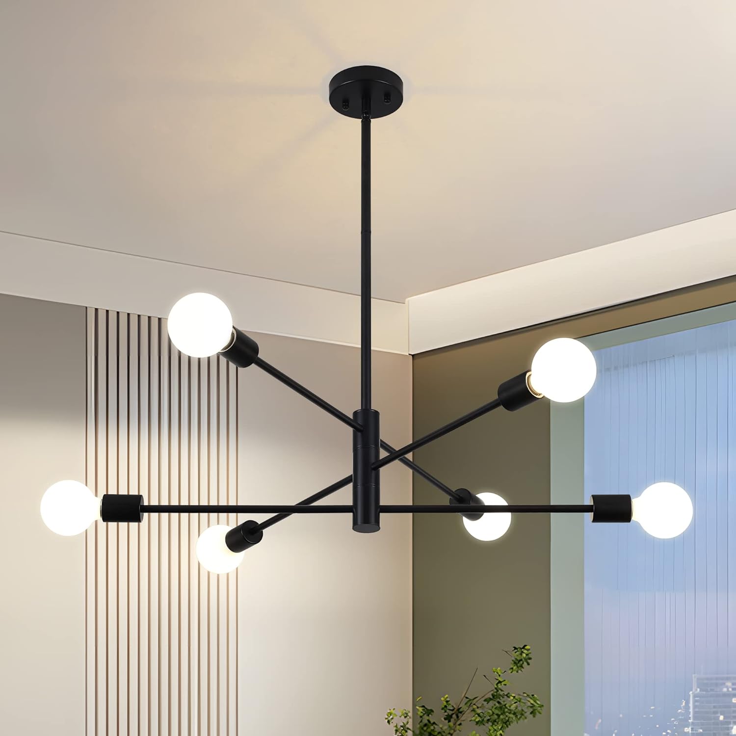6 Lights Black Sputnik Chandeliers Modern Light Fixtures, Mid Century Chandelier Adjustable Length Pendant Light for Dining Room, Bedroom, Living Room, Kitchen, Farmhouse
